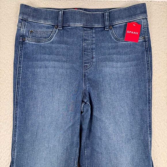 NWT Spanx Flare Jeans Womens Large Mixed Wash 2 Tone Pull on Retro Blue Denim - Picture 12 of 13